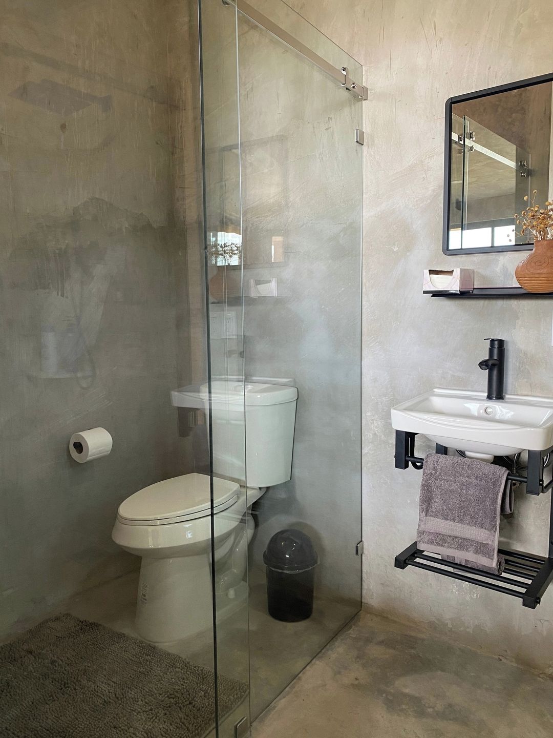A modern bathroom with a glass-enclosed shower, a toilet, a sink, and a mirror.