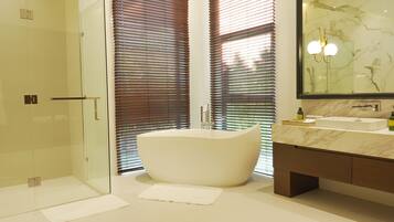 Une salle de bain moderne avec une baignoire sur pieds, une douche à l’italienne en verre et un meuble-lavabo en marbre.