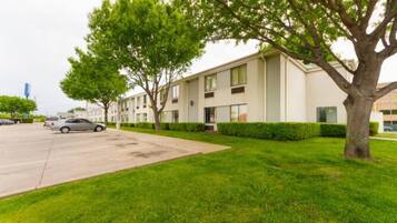 A modern building with a parking lot and a tree-lined driveway.