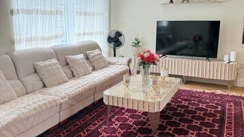 Un salon avec un canapé, une table basse, un téléviseur et un tapis à motifs.