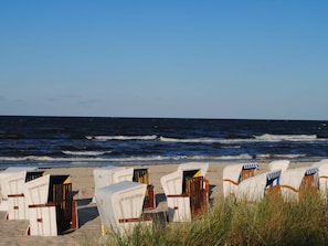 Strandliegen in einer Reihe auf einem sandigen Strand, im Hintergrund das Meer.