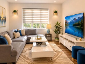 A modern living room with a sectional sofa, a coffee table, a TV, and a large window with blinds. - SpaciousCalgaryHome l 4 Bedrooms l Sleeps 8 plus (Calgary)