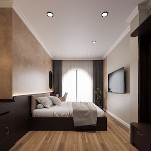 A modern bedroom with a bed, a TV, and a window with curtains. - Ninh Bình Macaron Hotel (Hoa Lu)