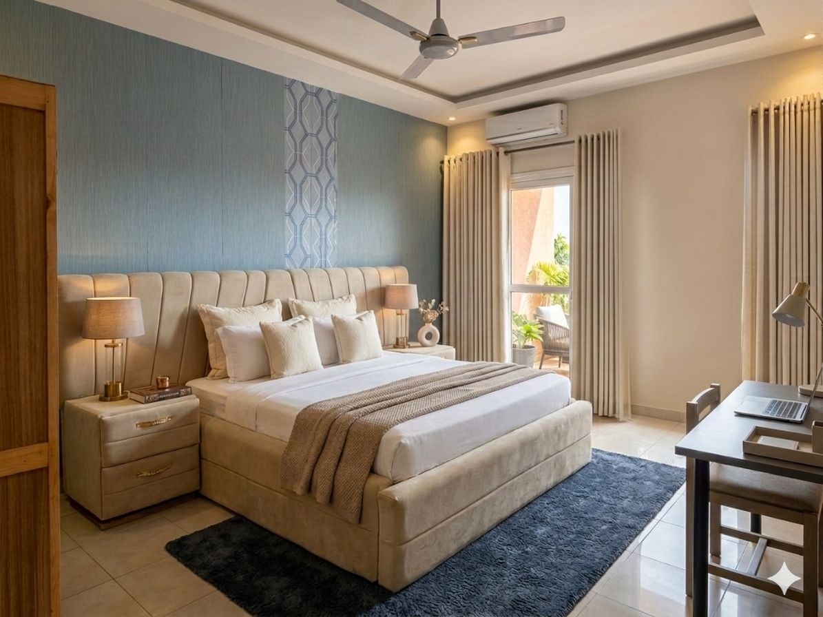 Une chambre d’hôtel avec un grand lit, des tables de chevet, un bureau et un ventilateur de plafond.