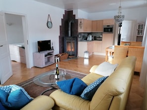 A living room with a sofa, television, fireplace, kitchen area, and a dining table with chairs. - Country House Sorgenfrey (Altenberg)