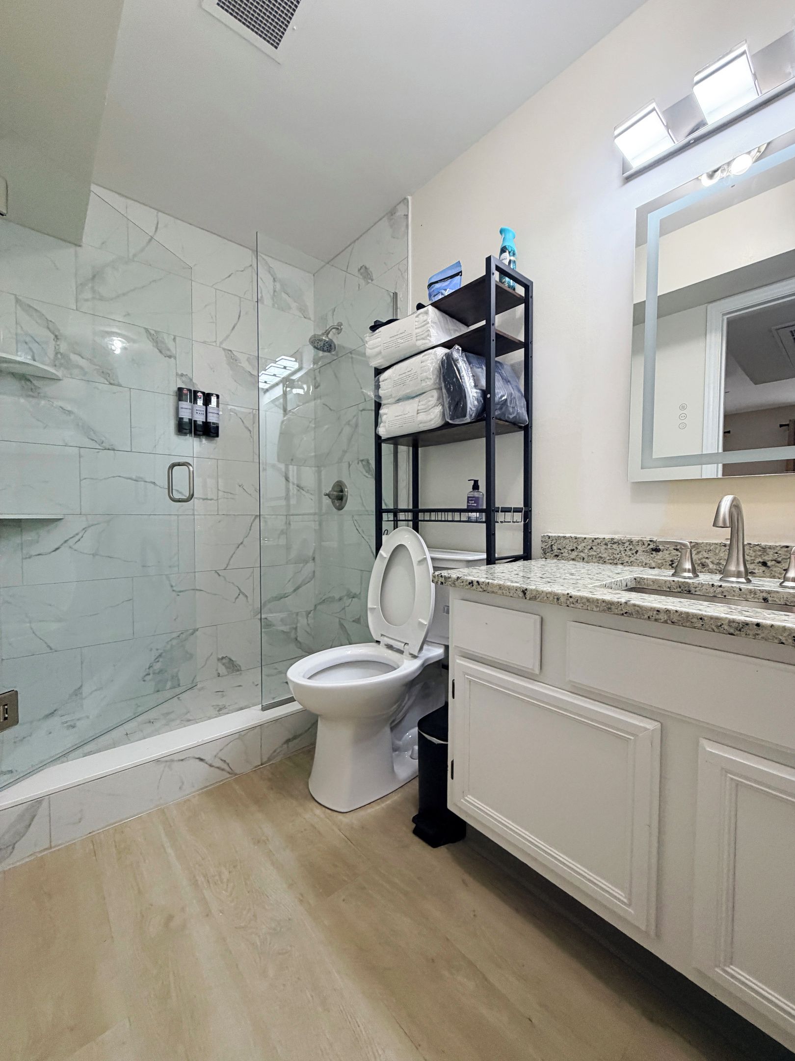 A bathroom with a toilet, a shower, and a vanity with a mirror.