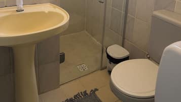 A bathroom with a sink, toilet, and shower stall.
