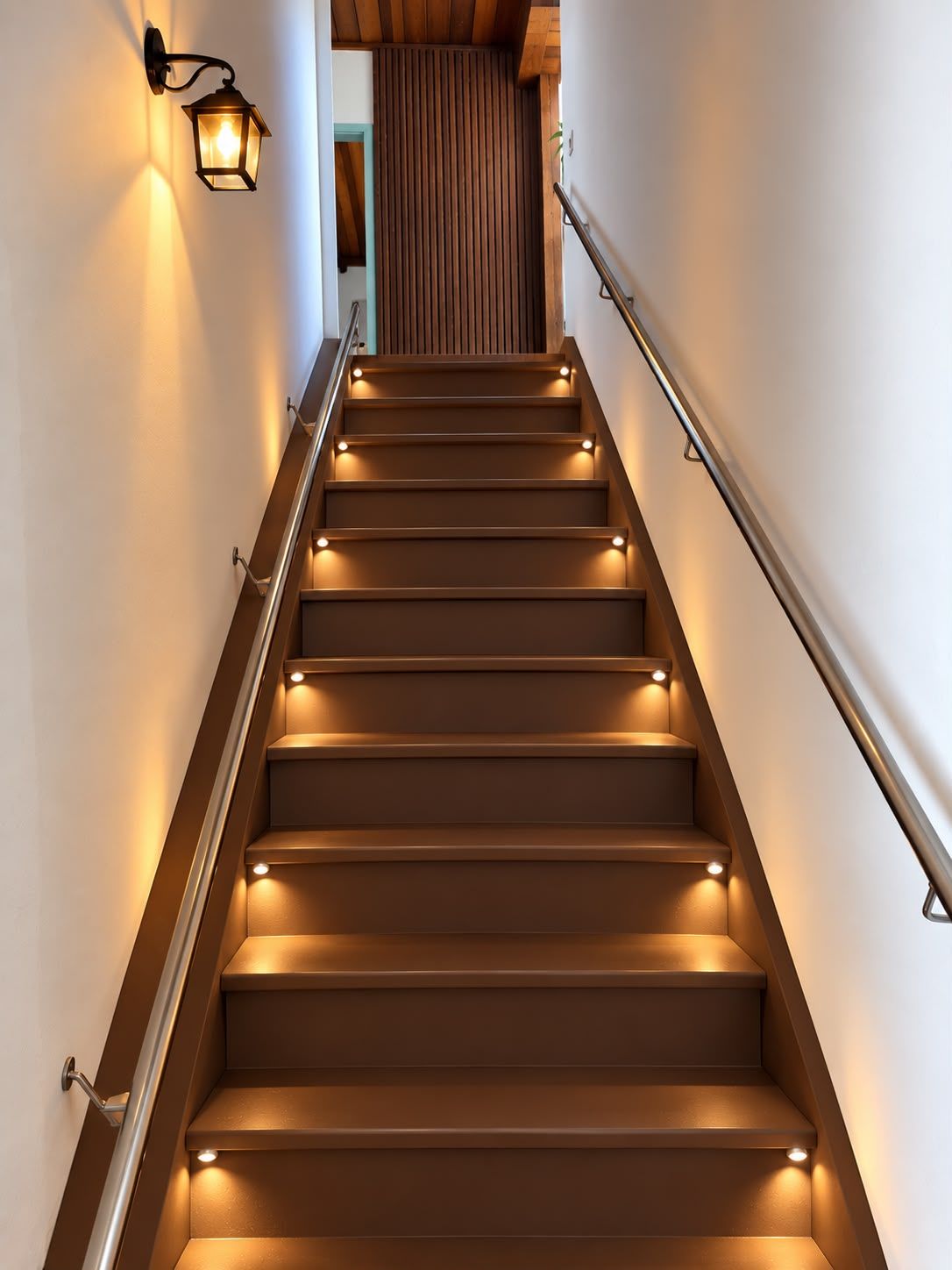 Un escalier doté d’une rampe et d’un éclairage fixé au mur.