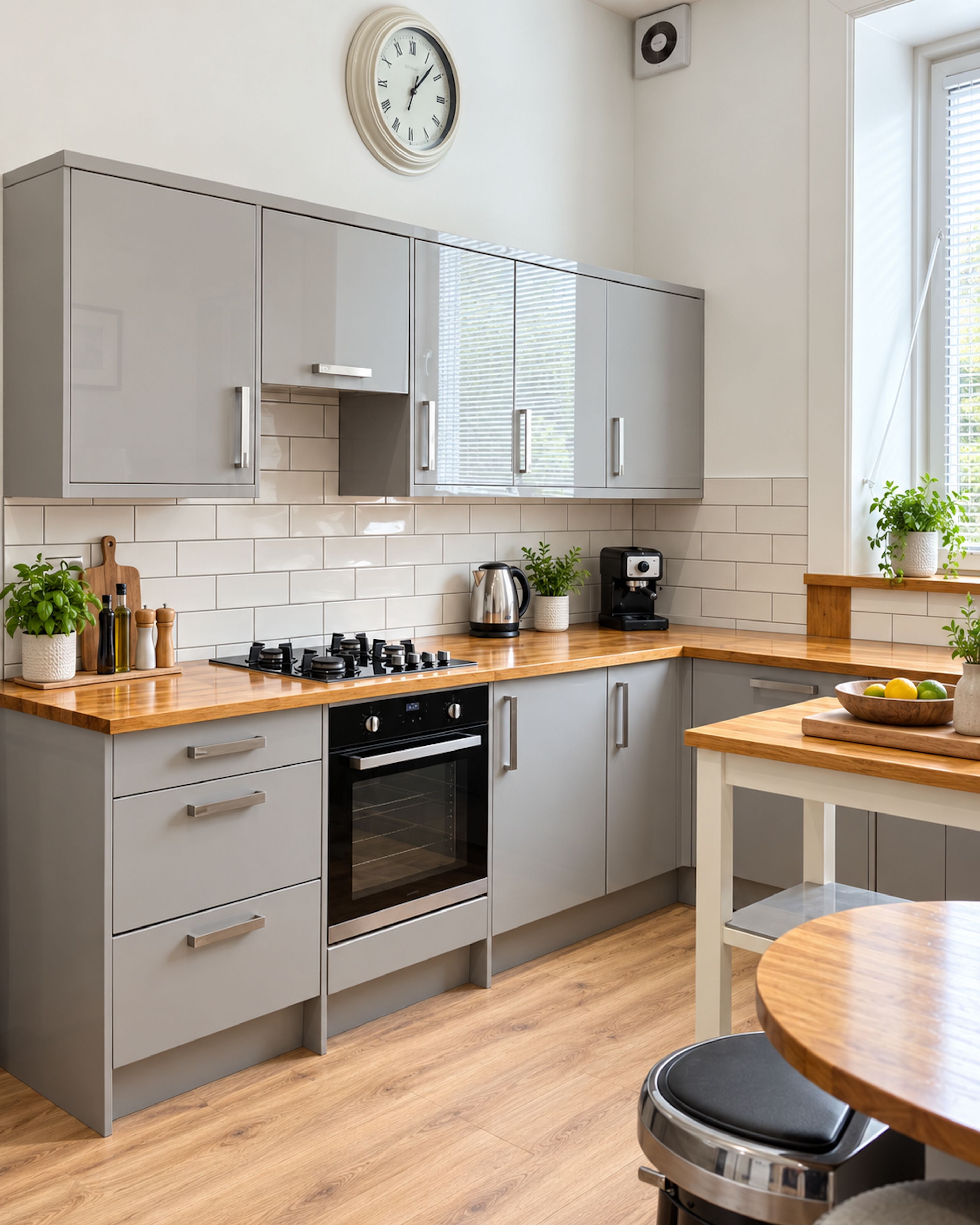 A modern kitchen with grey cabinets, a wooden countertop, a built-in oven, and a round dining table.