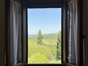 Uma janela com cortinas brancas, vista de uma paisagem verde com árvores e céu limpo.
