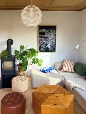 A living room with a fireplace, a sofa, a coffee table, and a hanging light fixture. - Flat with garden in historic house beside Sagene (Oslo)