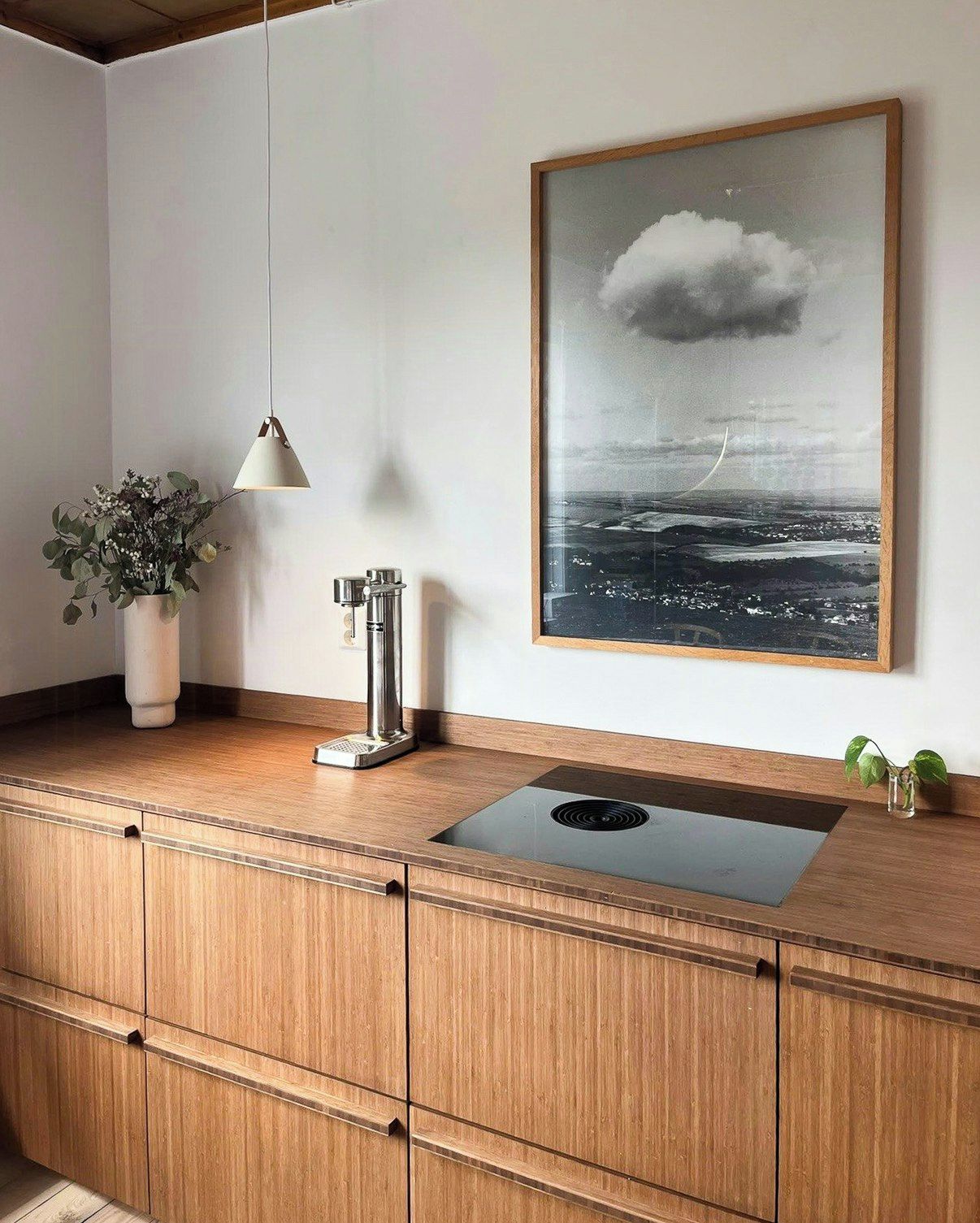 A kitchen with a wooden countertop, a built-in sink, a hanging pendant light, a potted plant, and a framed landscape photograph on the wall.