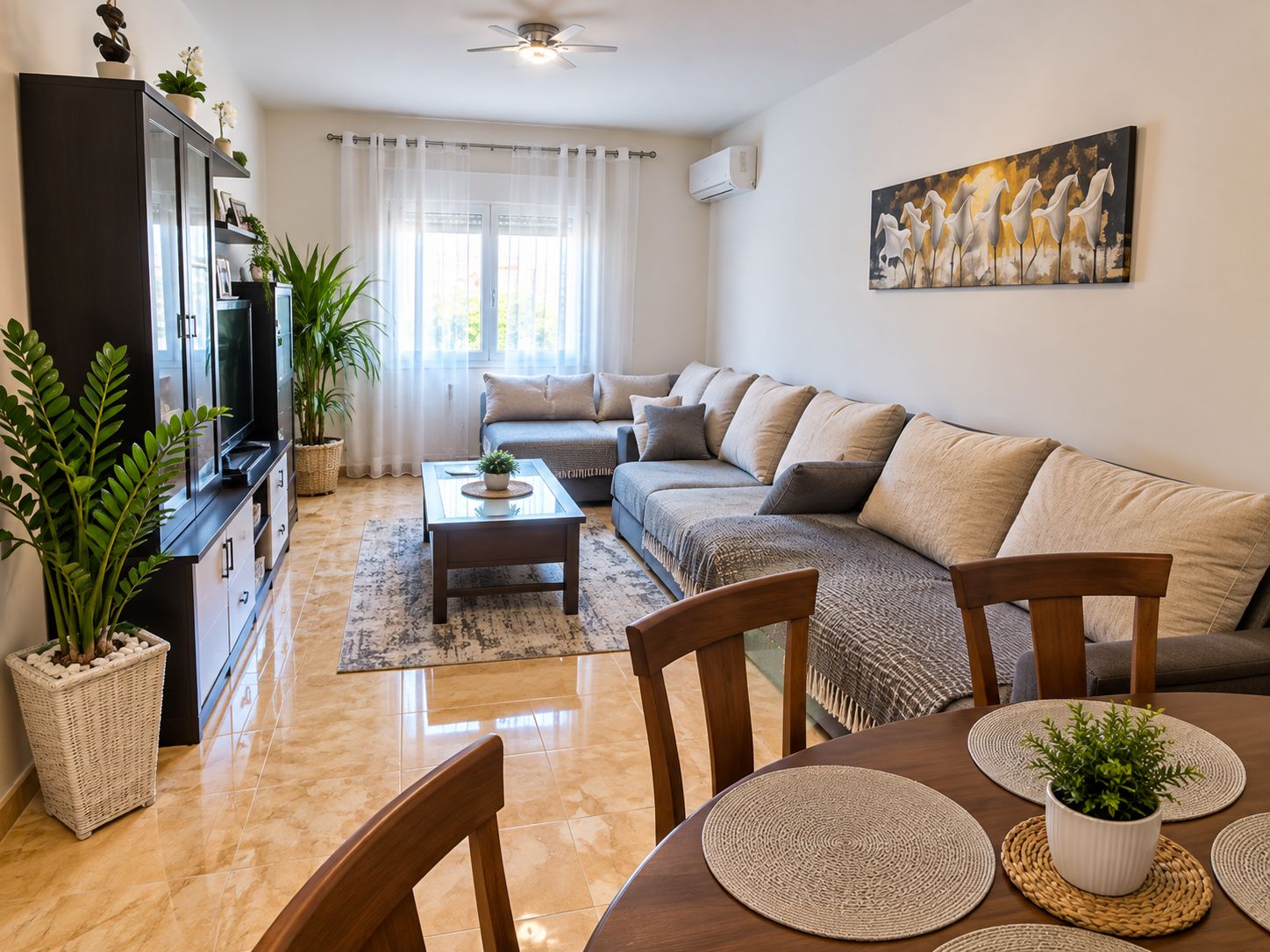 A living room with a sofa, TV, and decorative plants.