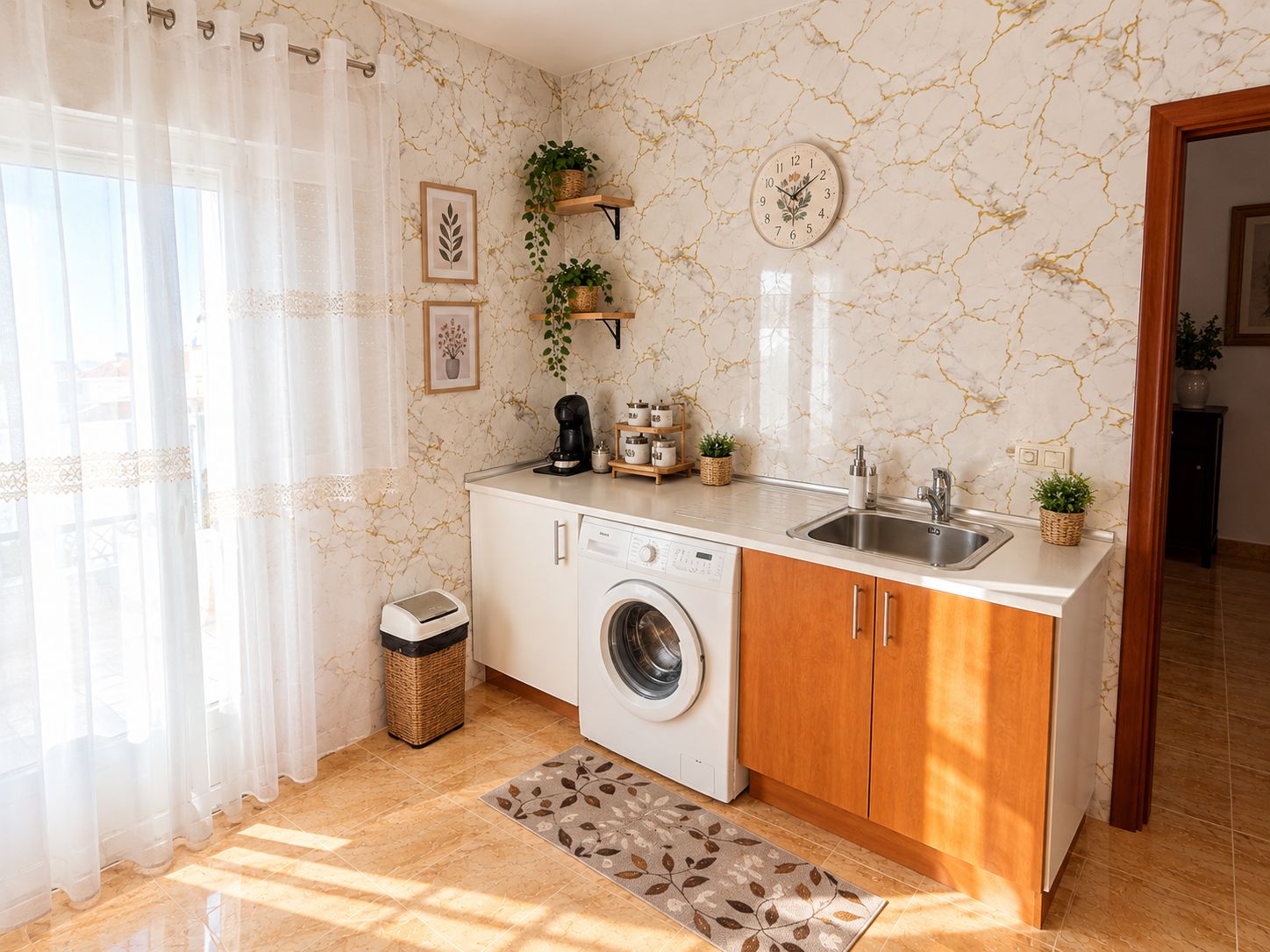 Una cocina compacta equipada con lavadora, lavamanos y cafetera.