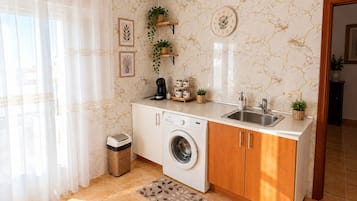 Una cocina compacta equipada con lavadora, lavamanos y cafetera.