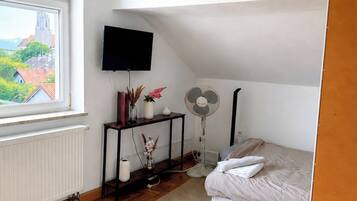 Une chambre à coucher avec un lit, un ventilateur sur pied, un téléviseur fixé au mur, une fenêtre donnant sur des immeubles et un radiateur.