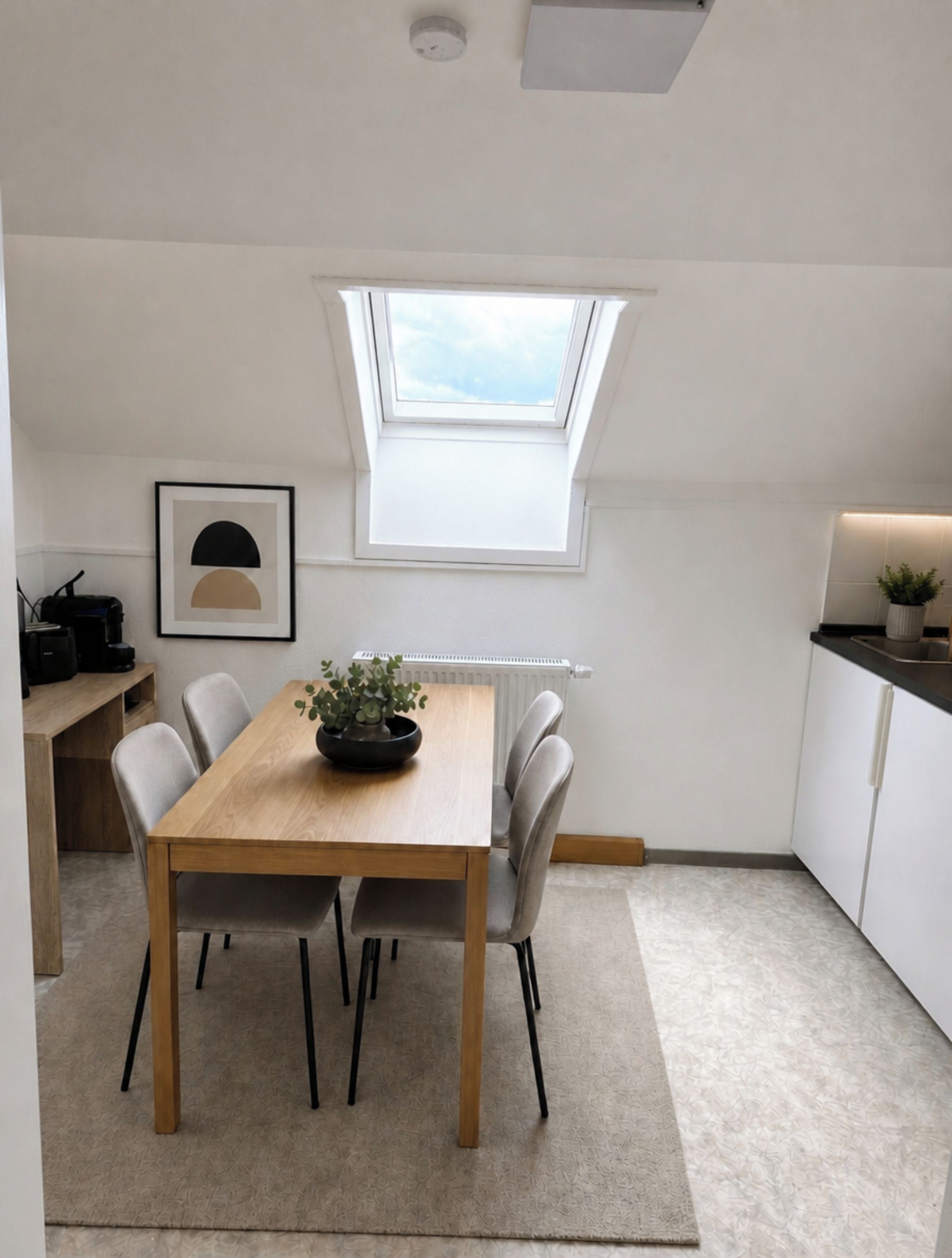 Une cuisine compacte avec un puits de lumière, une table à manger avec des chaises et une petite plante en pot.