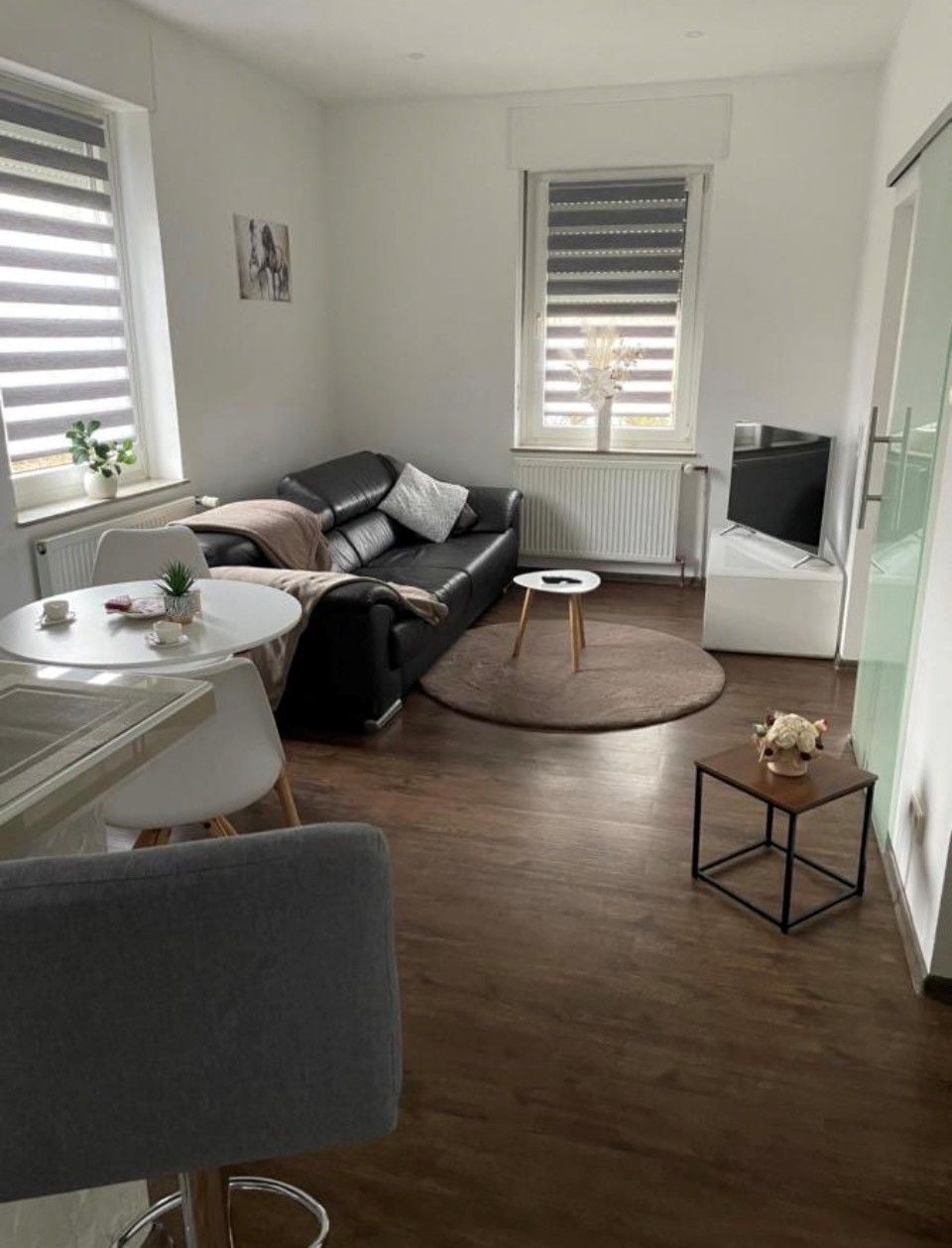 A modern living room with a sofa, a coffee table, a dining table with chairs, a TV, and a radiator.