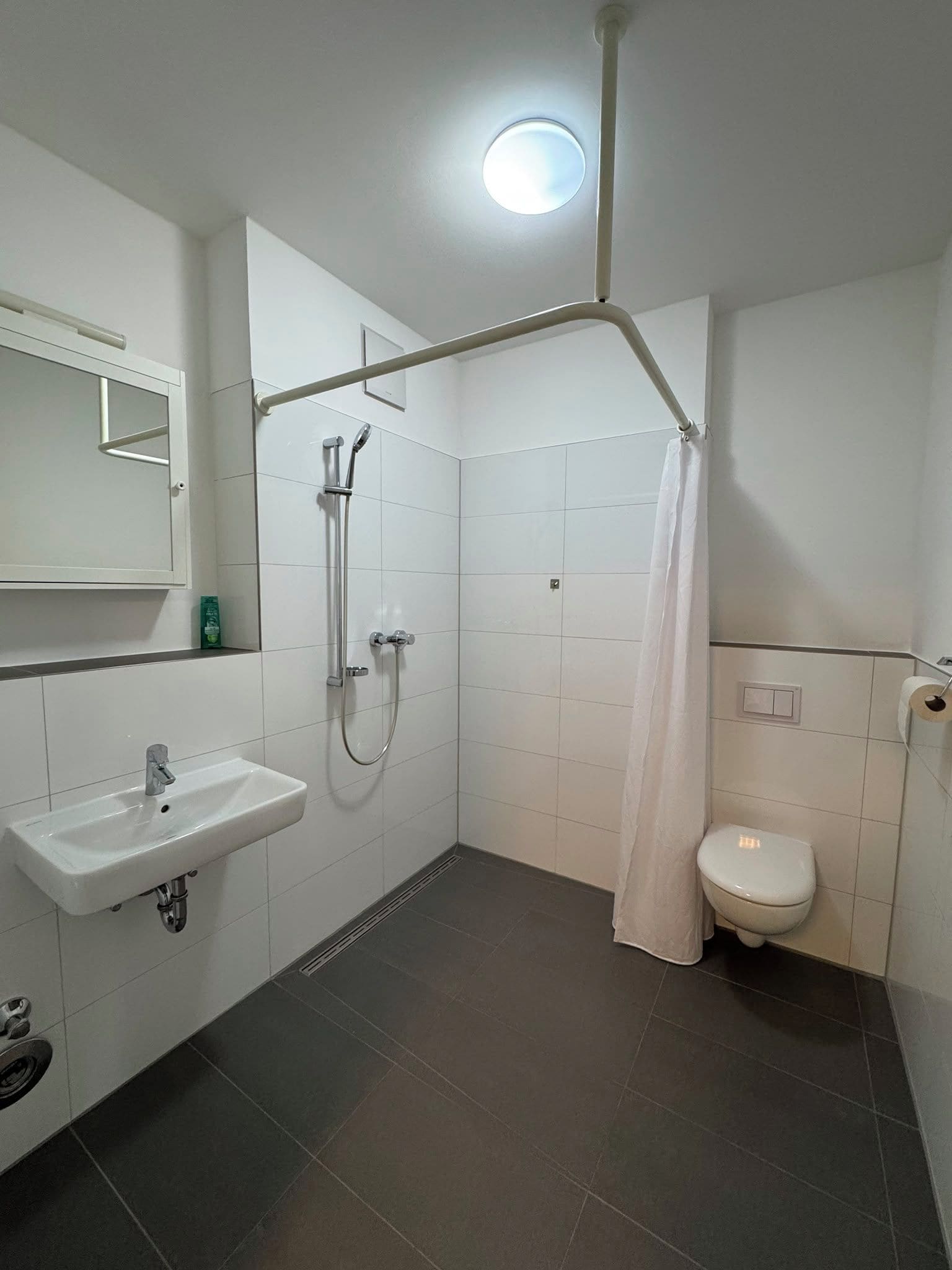 A bathroom with a shower, toilet, sink, and a mirror.