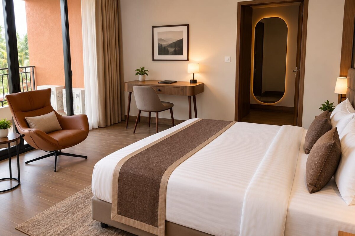 A hotel room with a large bed, a desk, a chair, and a view of the outdoors.