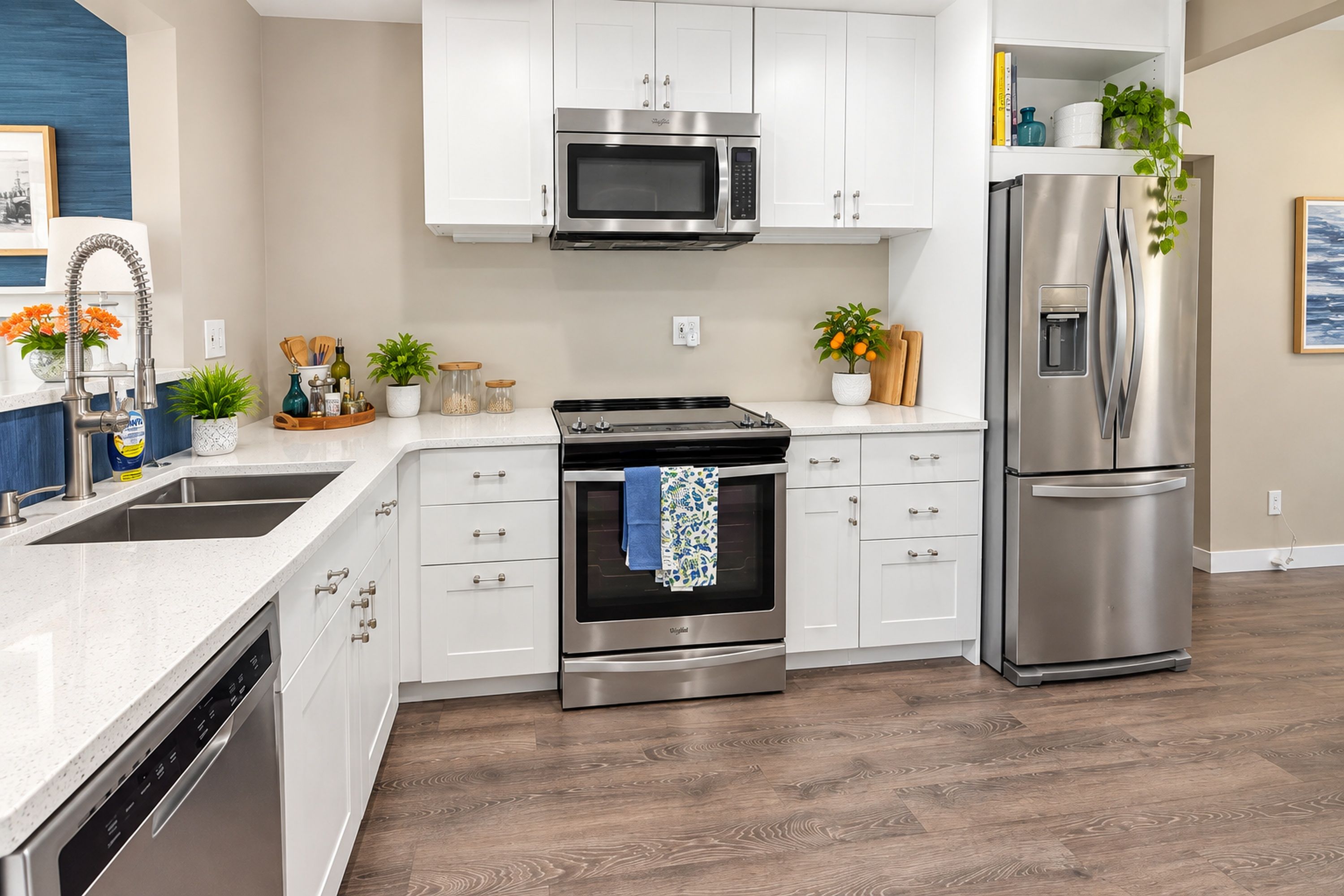 A modern kitchen with stainless steel appliances, white cabinetry, and a wooden floor.