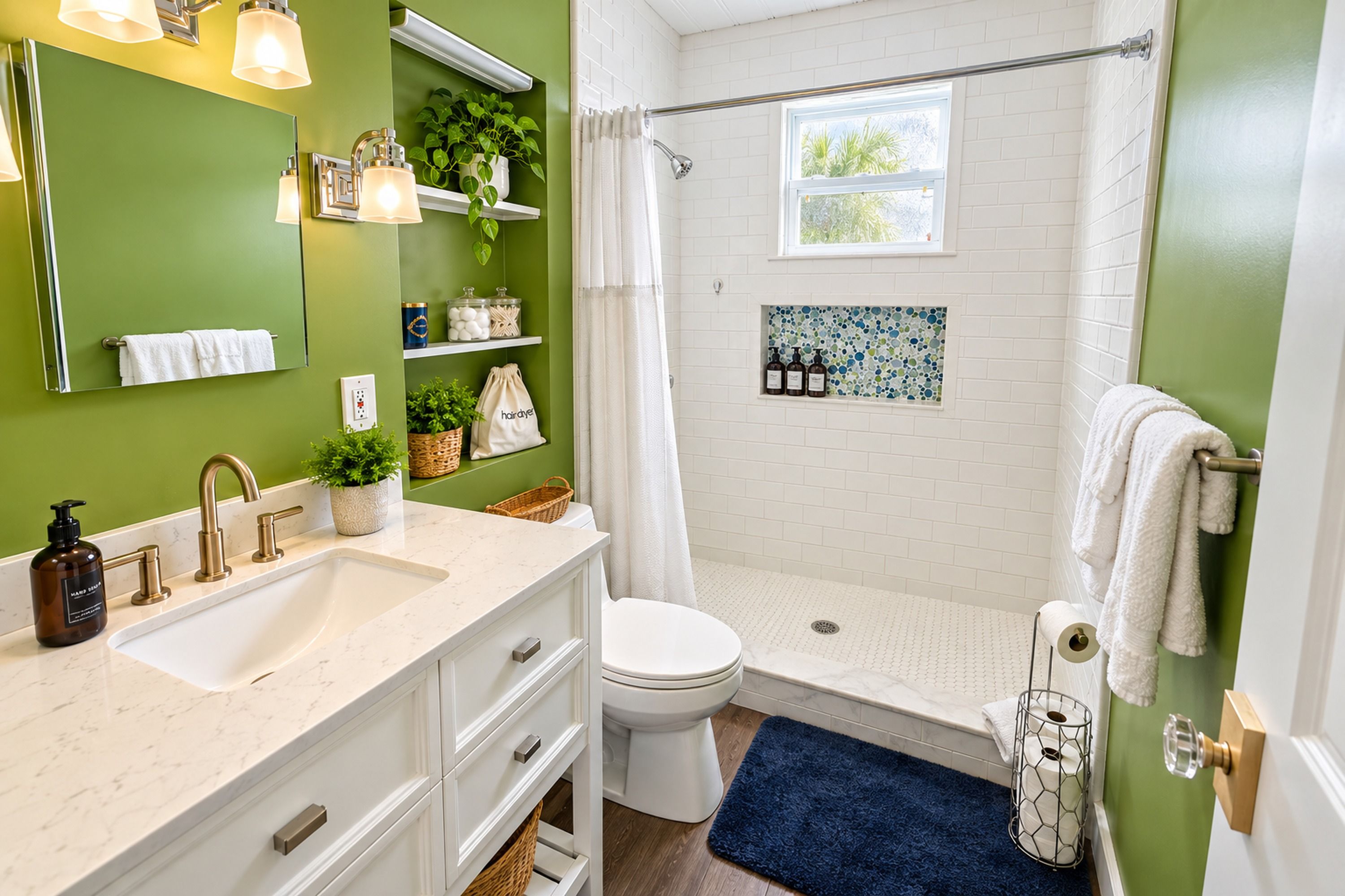 A bathroom with a white sink, a toilet, a shower with a glass door, and a window.