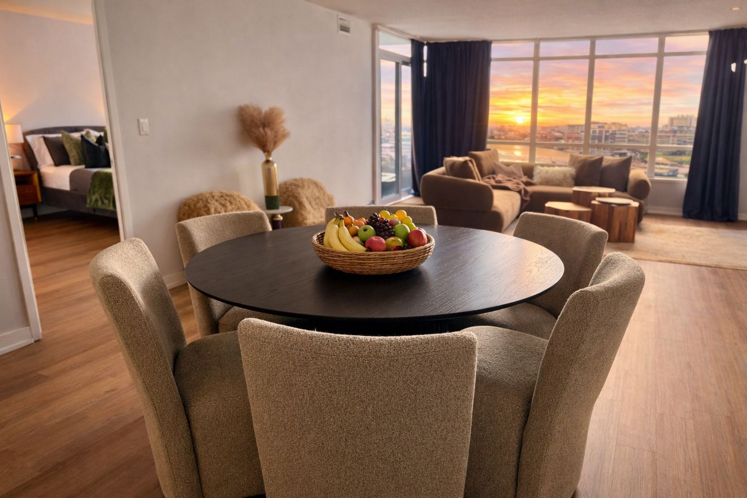 A modern living room with a round dining table, beige chairs, a fruit basket, and a city view through large windows.
