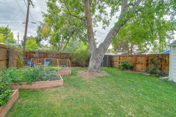 Un patio trasero con un árbol grande, jardines elevados y una valla de madera.