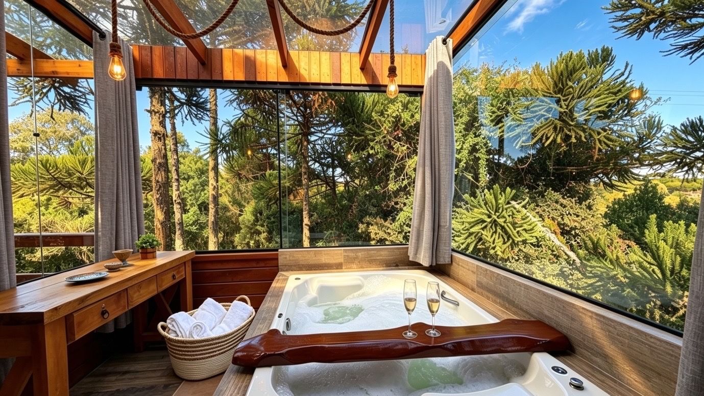 Un bain à remous avec un banc en bois et une table où sont disposés des serviettes et un saladier, le tout situé devant un décor composé d’arbres et d’un ciel dégagé.