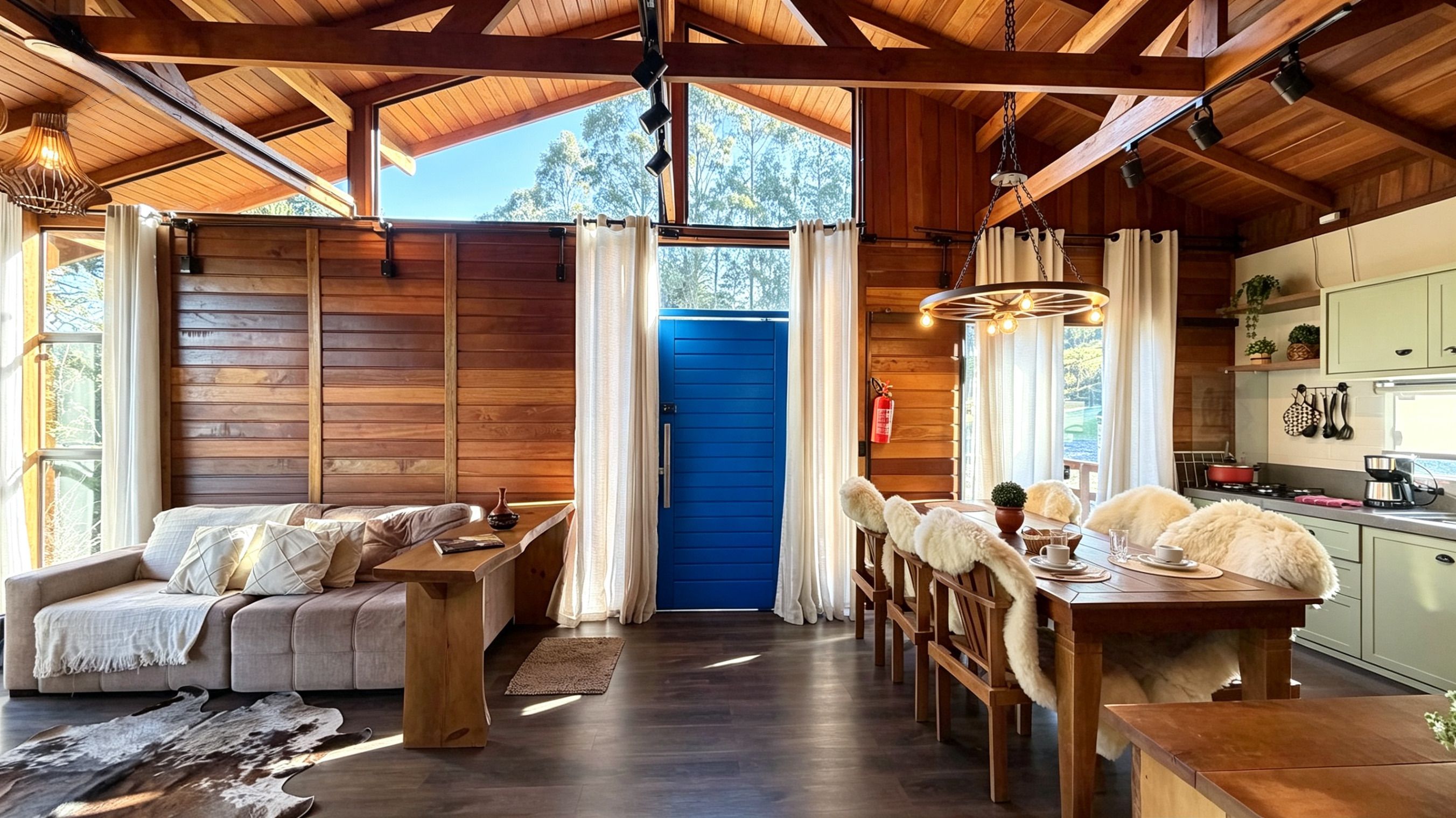 Un interno accogliente di una baita con zona pranzo, divano e angolo cottura.