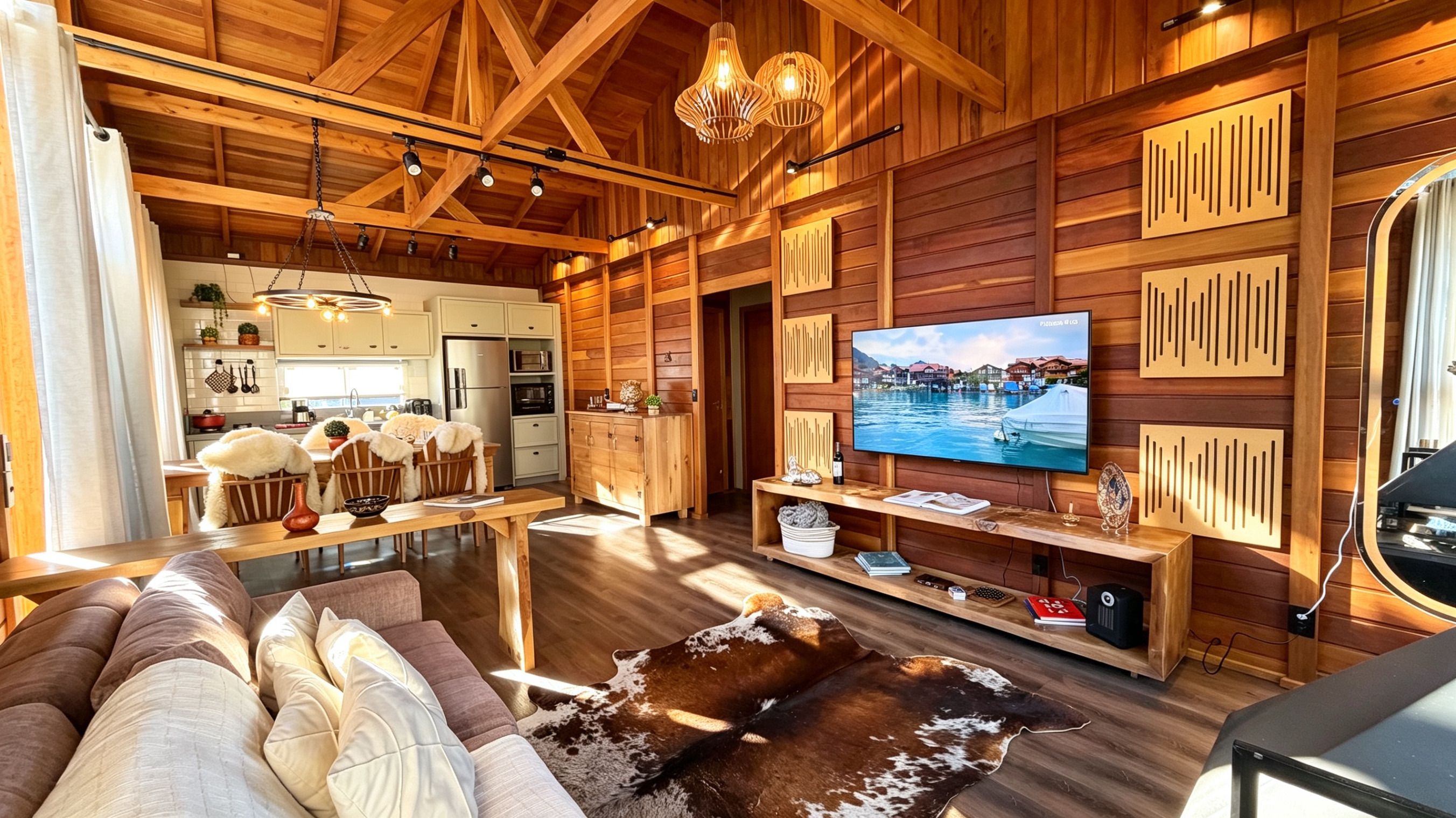 Un ambiente accogliente con soffitto in legno, zona pranzo, soggiorno con divano e tappeto in pelle di vacca, e televisore a parete.