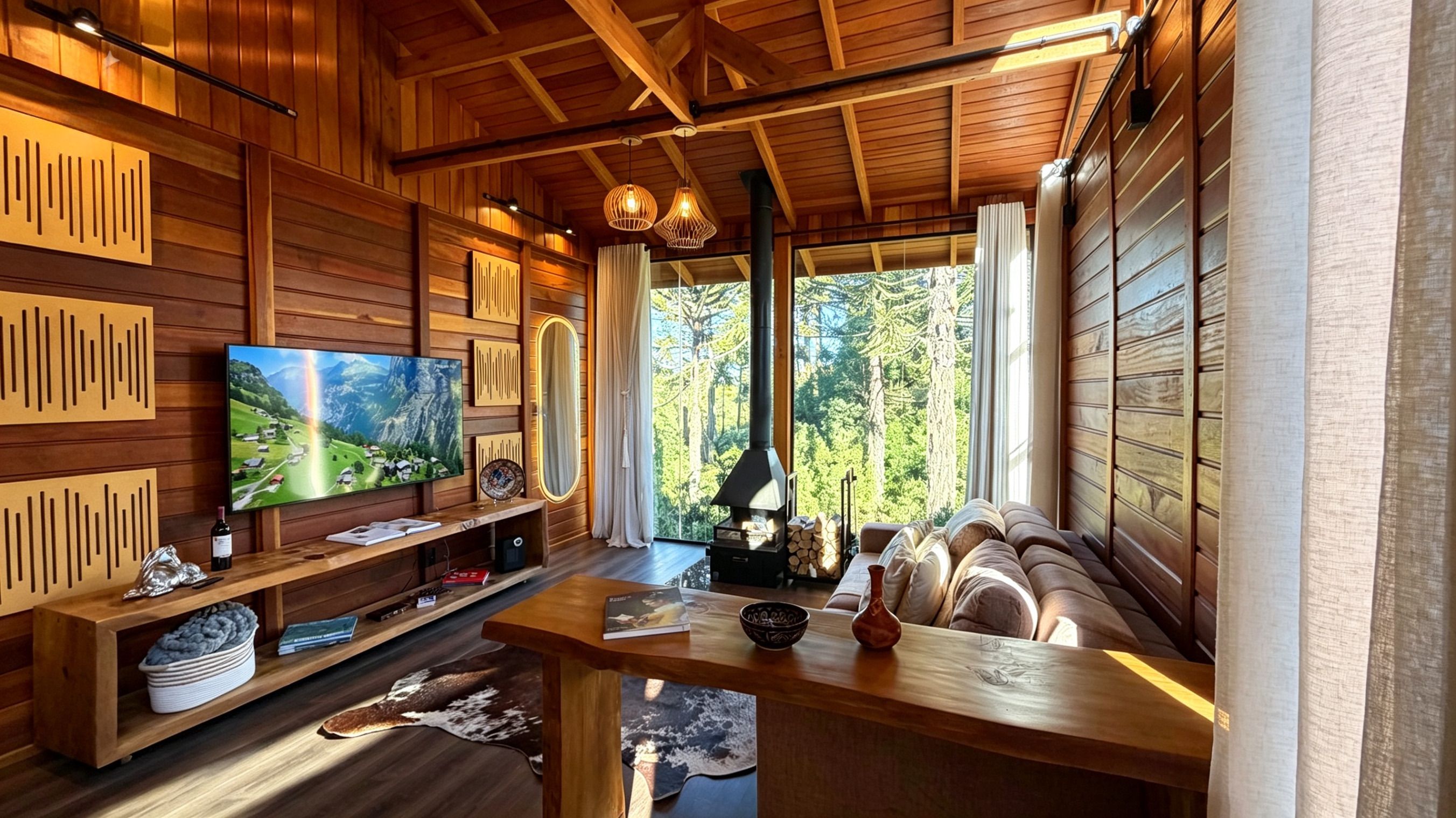 Un interior de cabaña acogedor, con paredes y detalles de madera, una chimenea, un televisor y un sofá.
