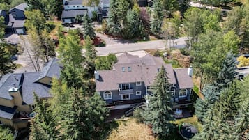 A residential area with multiple houses, surrounded by dense trees.