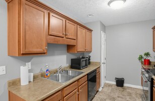 Una cocina con armarios de madera, un lavamanos de acero inoxidable, un microondas negro y un lavavajillas.