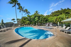 Piscina com cadeiras de praia e palmeiras.