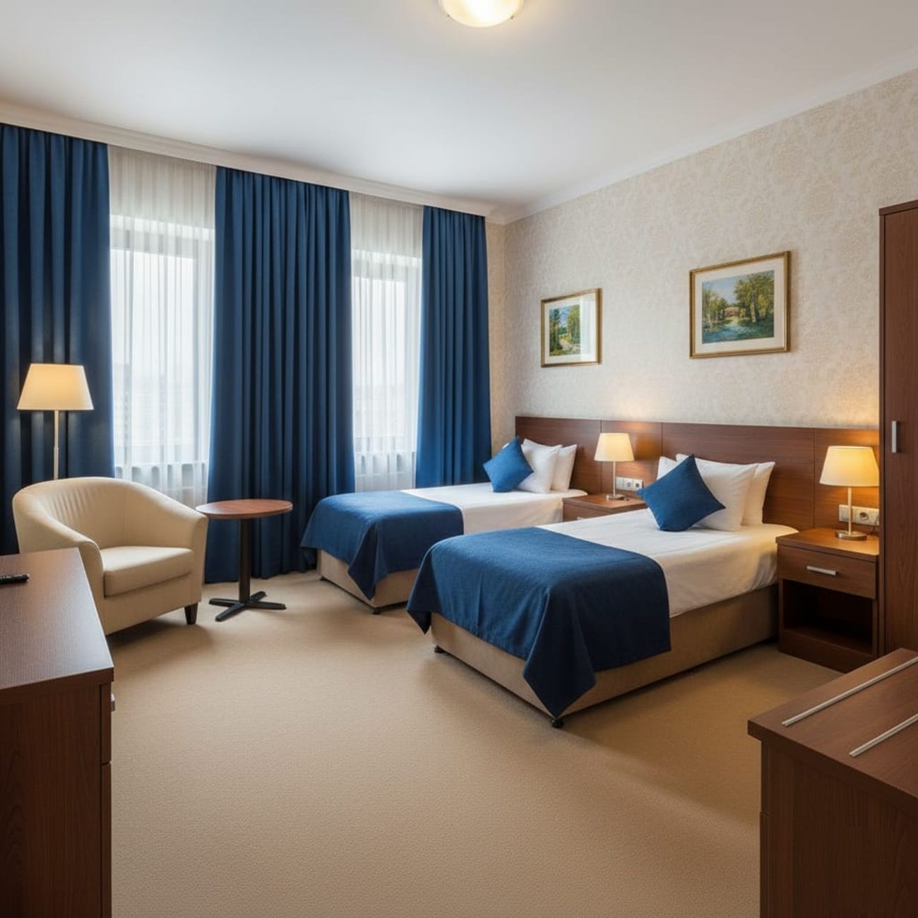 A hotel room with two beds, a chair, a small table, and a desk.