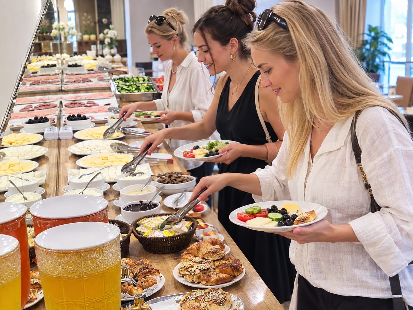 Un bufé con diferentes alimentos y bebidas.