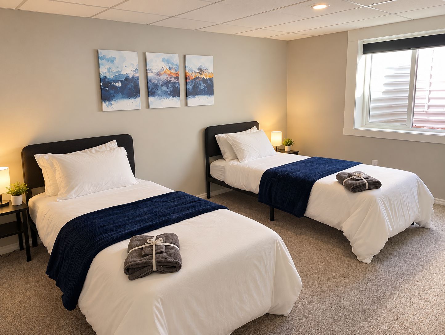 Quarto de hotel com duas camas, uma janela e obras de arte na parede.