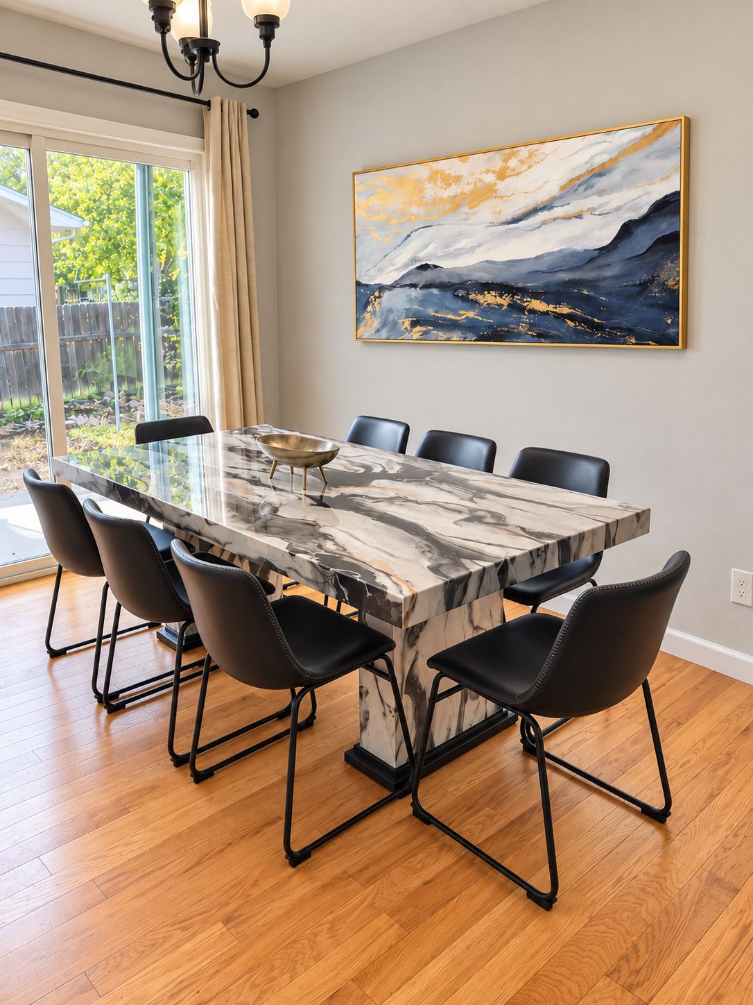 A dining area with a marble table, black chairs, and a painting on the wall.