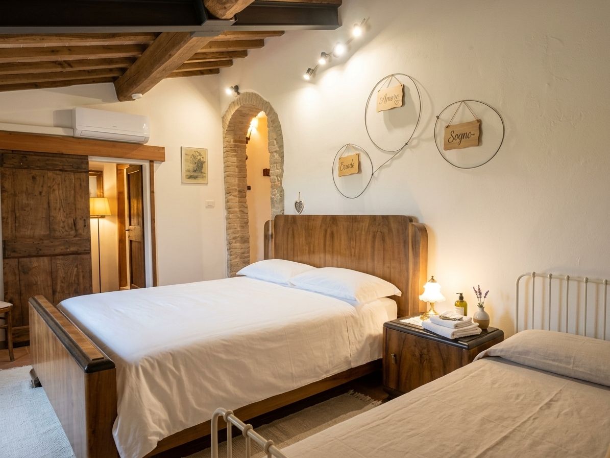 Ein Schlafzimmer mit einem hölzernen Bett, einem Nachttisch mit einer Lampe und einer Wand mit runden Dekorationen.