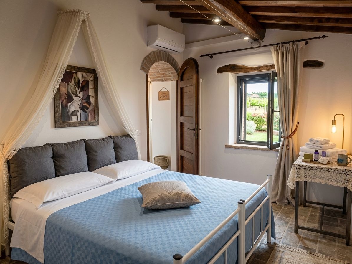 Un dormitorio con cama, mesita de noche con lámpara, ventana con cortinas y aire acondicionado instalado en la pared.