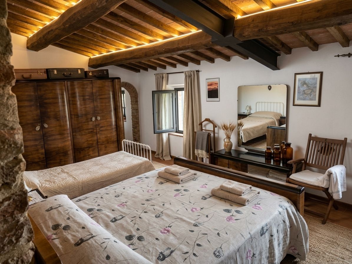 A bedroom with two beds, wooden wardrobe, mirror, and a stone wall.