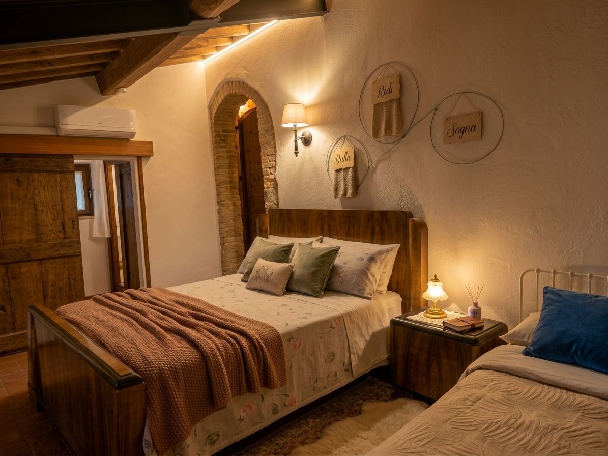 Une chambre confortable avec une tête de lit en bois, un lit recouvert d’une couvre-lit à motifs, une table de chevet avec une lampe et des lampes fixées au mur.