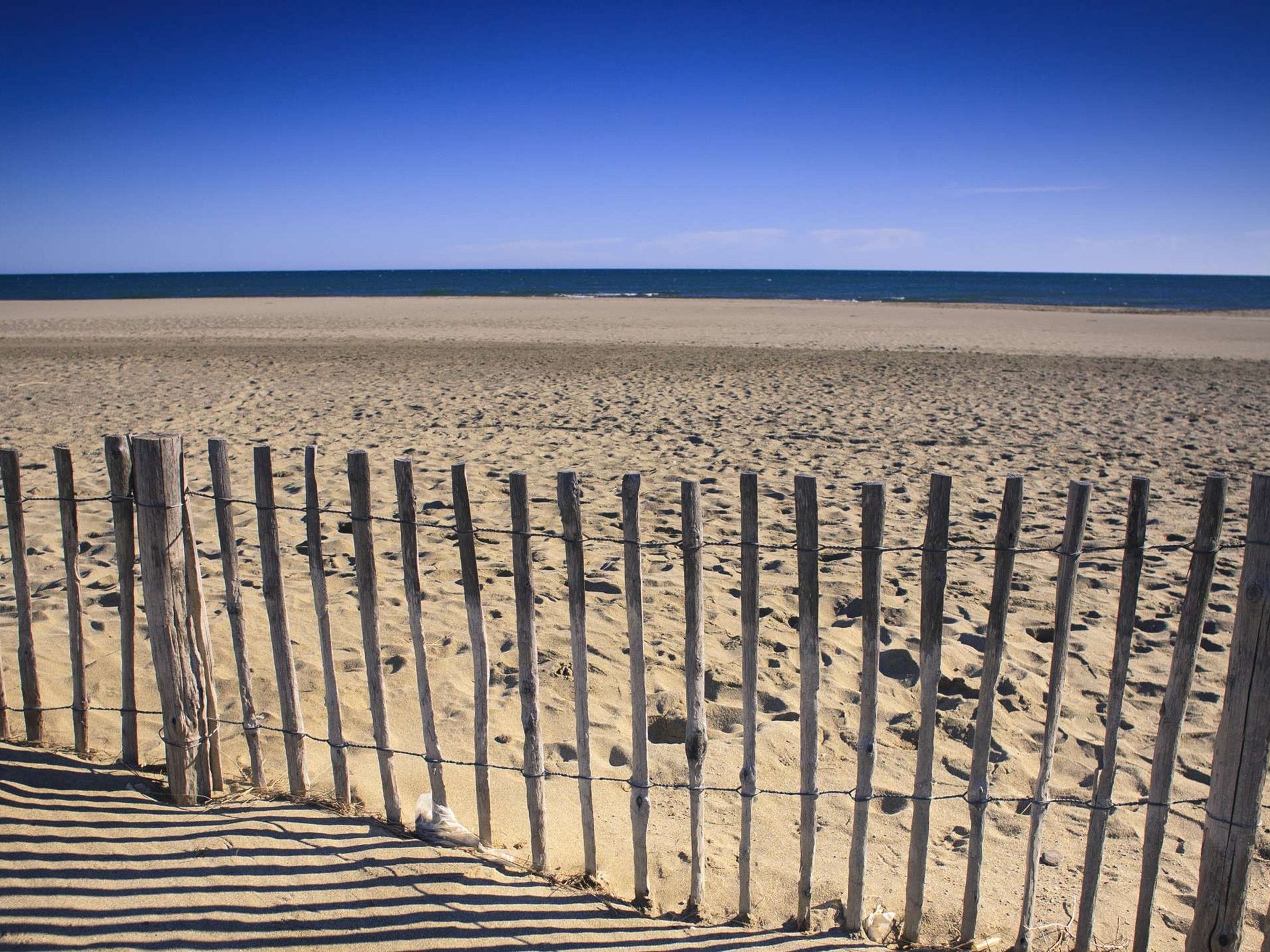 A beach with a wooden fence and a clear view of the ocean.