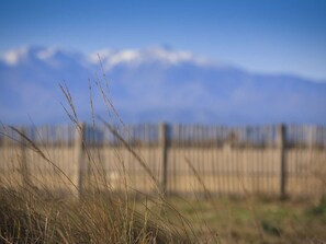 A blurred landscape with a fence and grass in the foreground, and a mountain range in the background. - Studio sea view, AC, pets allowed - 2 guests (Canet-en-Roussillon)