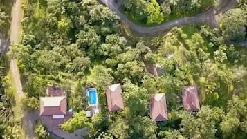 A residential area with multiple houses surrounded by dense greenery, a swimming pool, and a winding road.