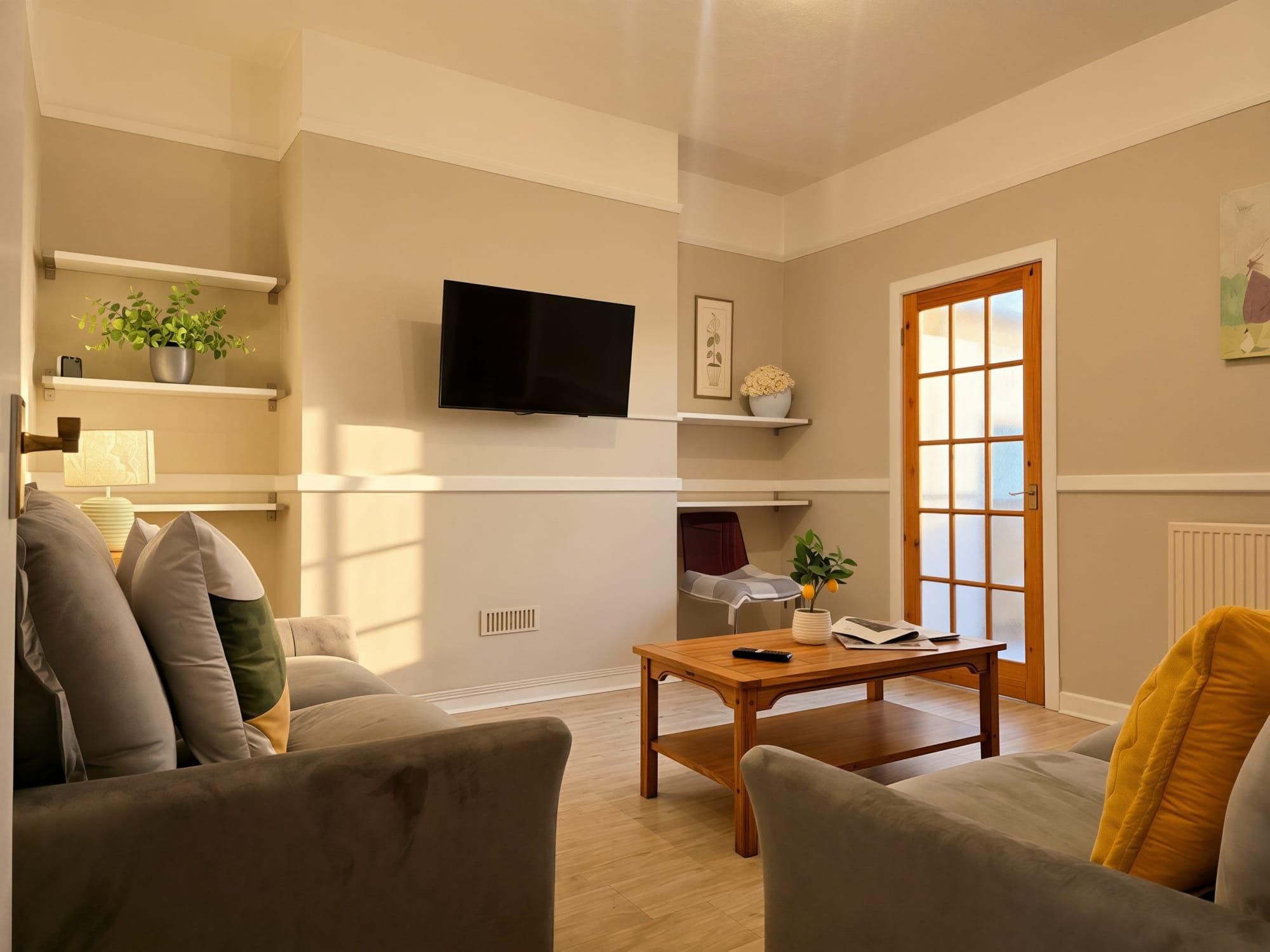 A living room with a sofa, a coffee table, a TV mounted on the wall, and a door with a window.