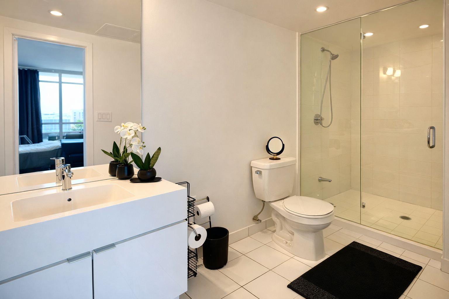 A modern bathroom with a glass shower enclosure, a white sink with a mirror, and a toilet.