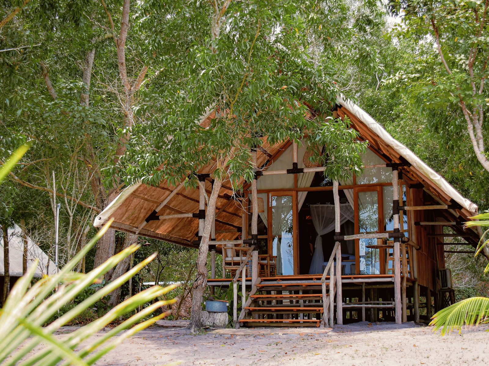 A rustic wooden structure with a thatched roof, surrounded by dense foliage.