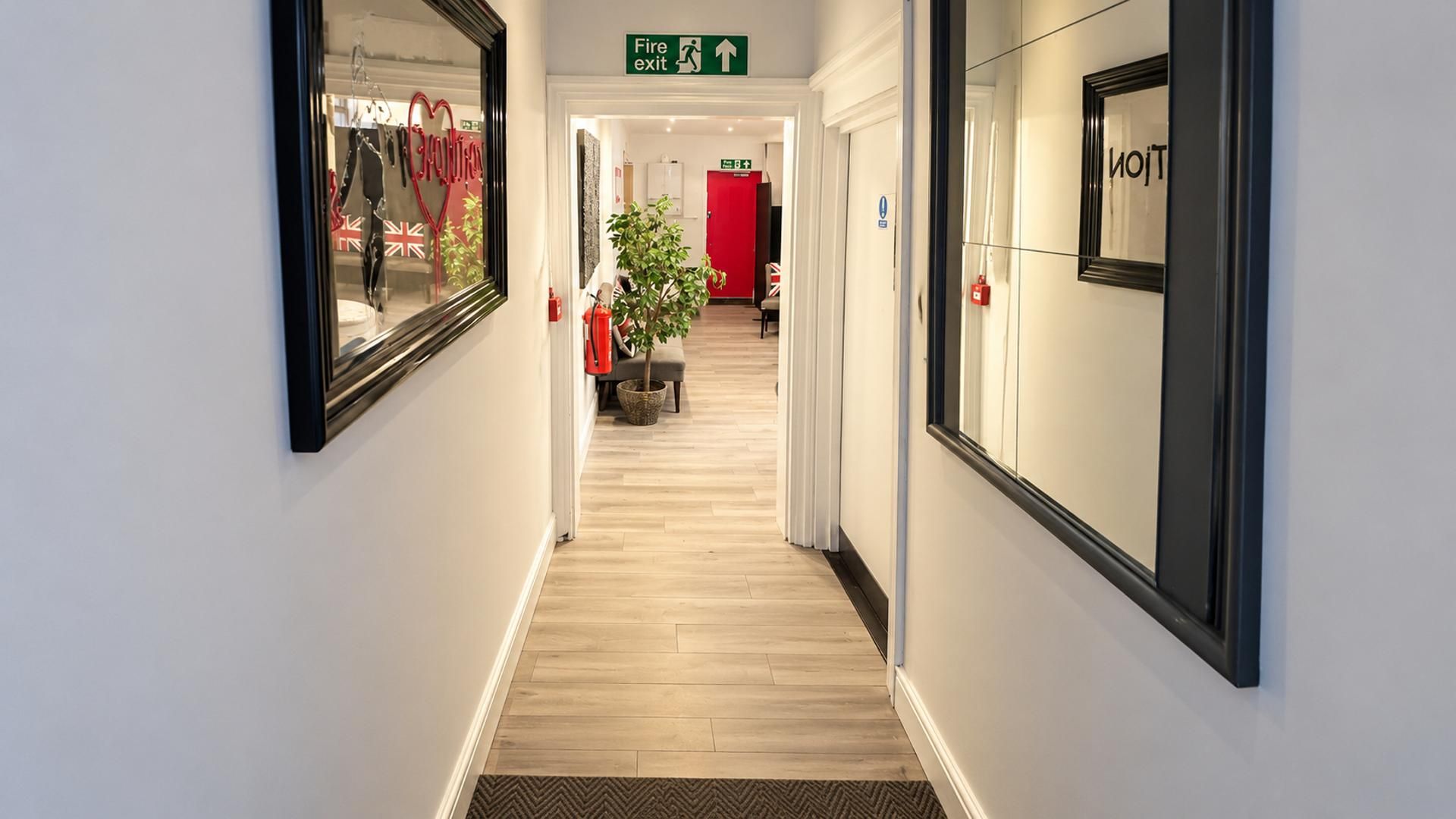 A hotel corridor with a fire exit sign, a plant, and a fire extinguisher.